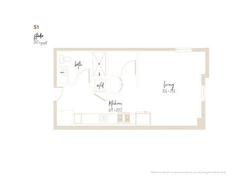 Floor plan for studio, 1 bath, 542 sqft